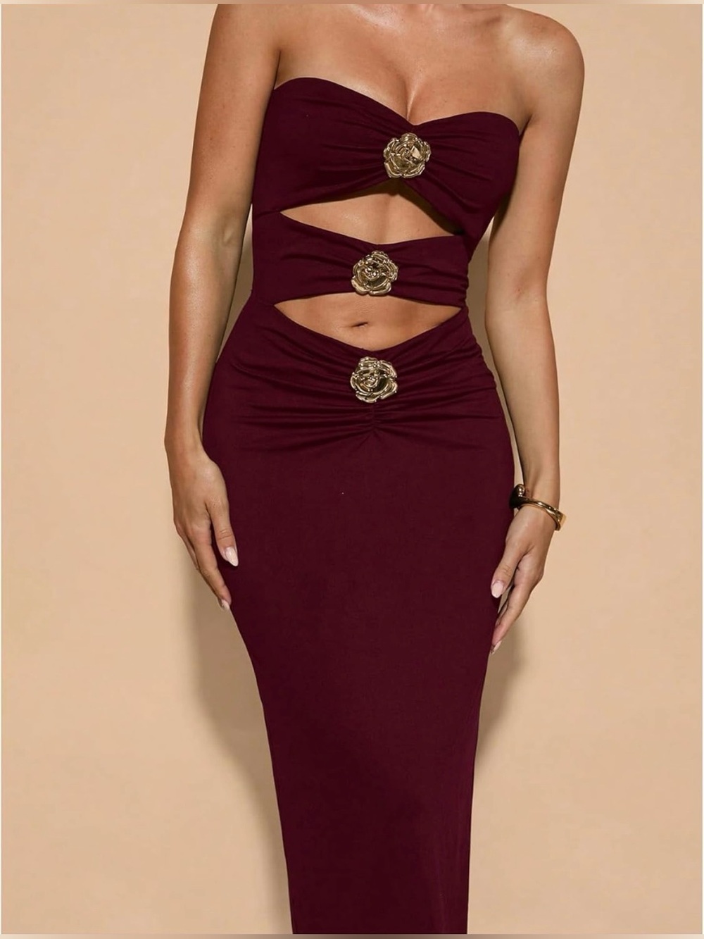 Strapless Cutout Maxi Dress with Gold Floral Accents - Burgundy Size Small - Picture 2 of 5
